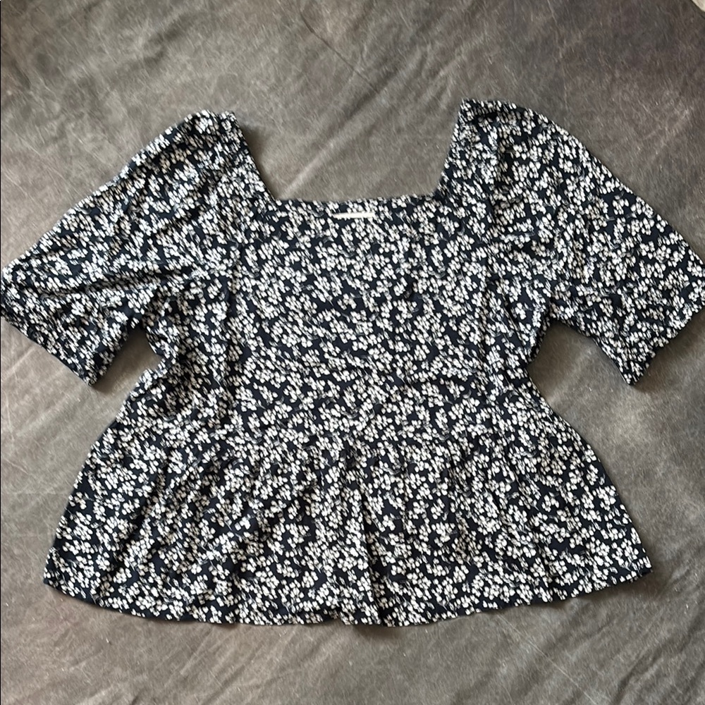 Navy and white Loft peplum top with square neck. L NWOT.